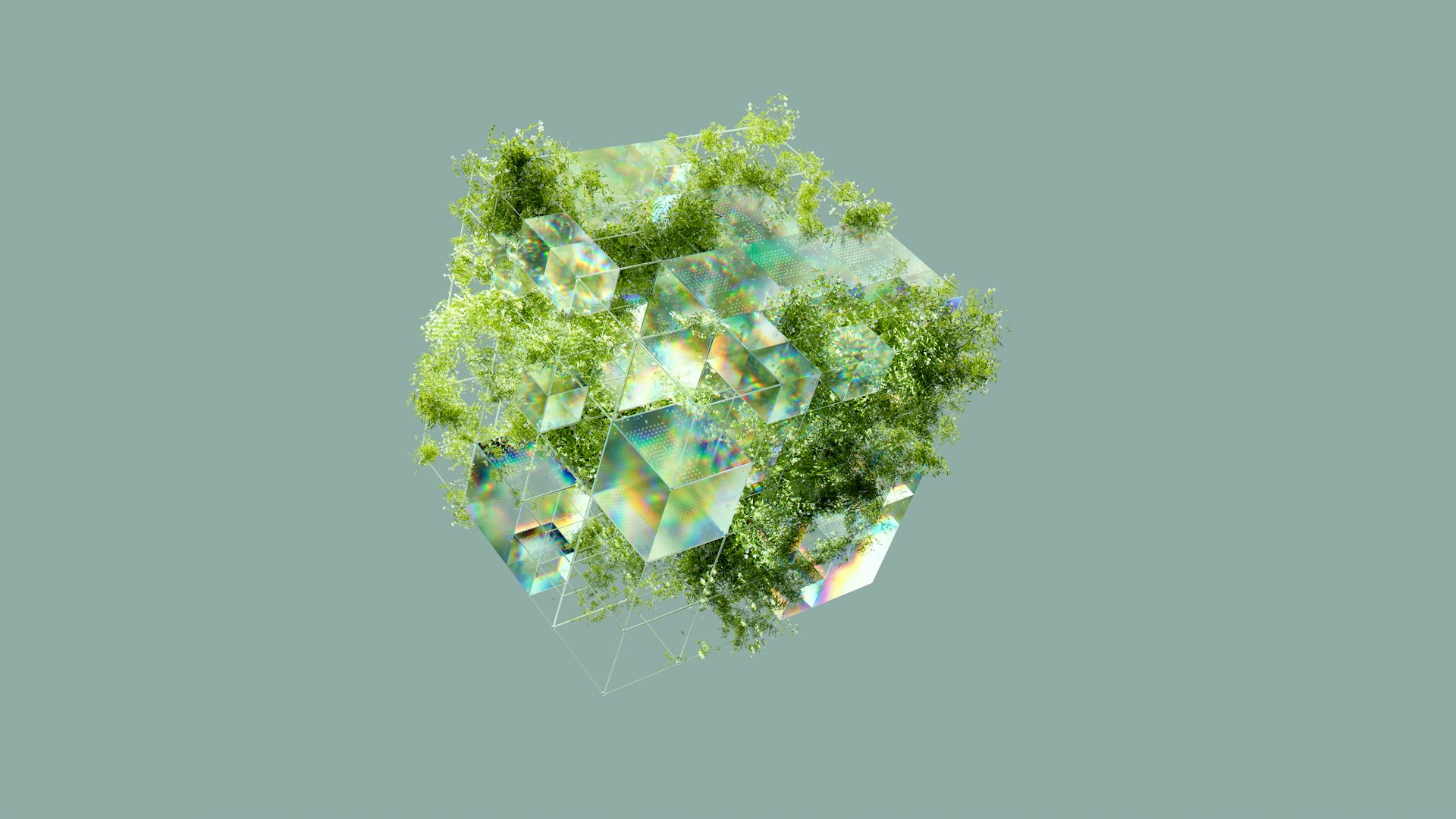 Translucent cube overgrown with green foliage, representing sustainable technology